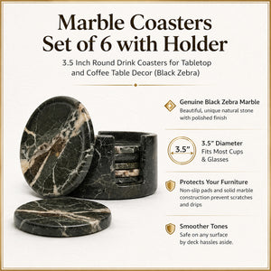 Black Zebra Round Marble Coaster (Set of 6)