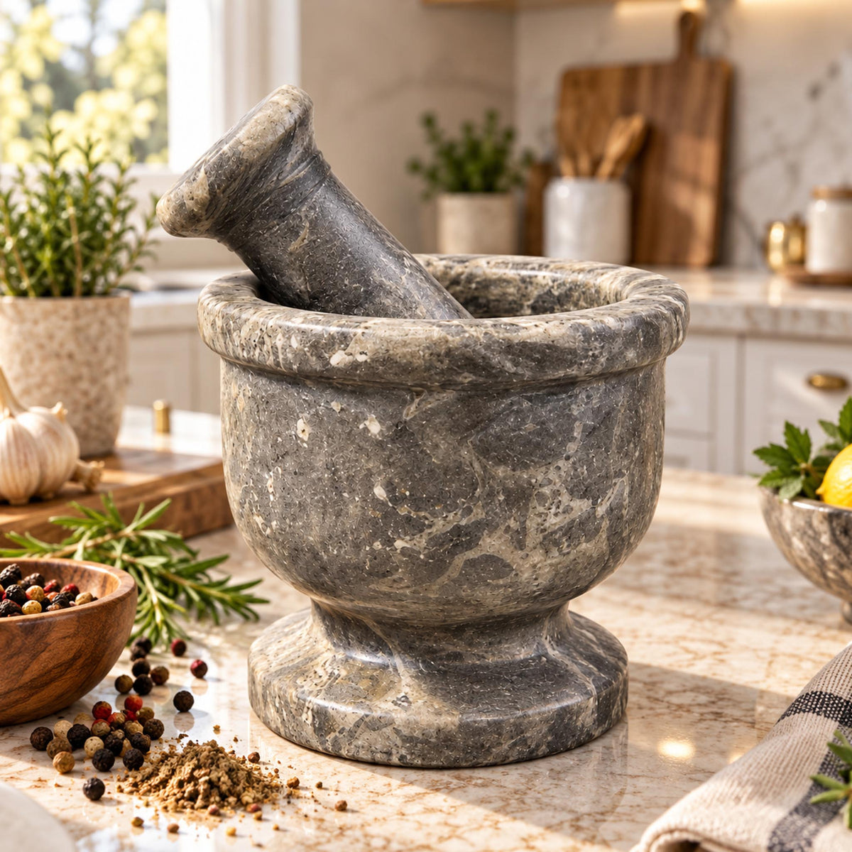 Oceanic Gray Marble Mortar and Pestle Set (2.5 Inch)