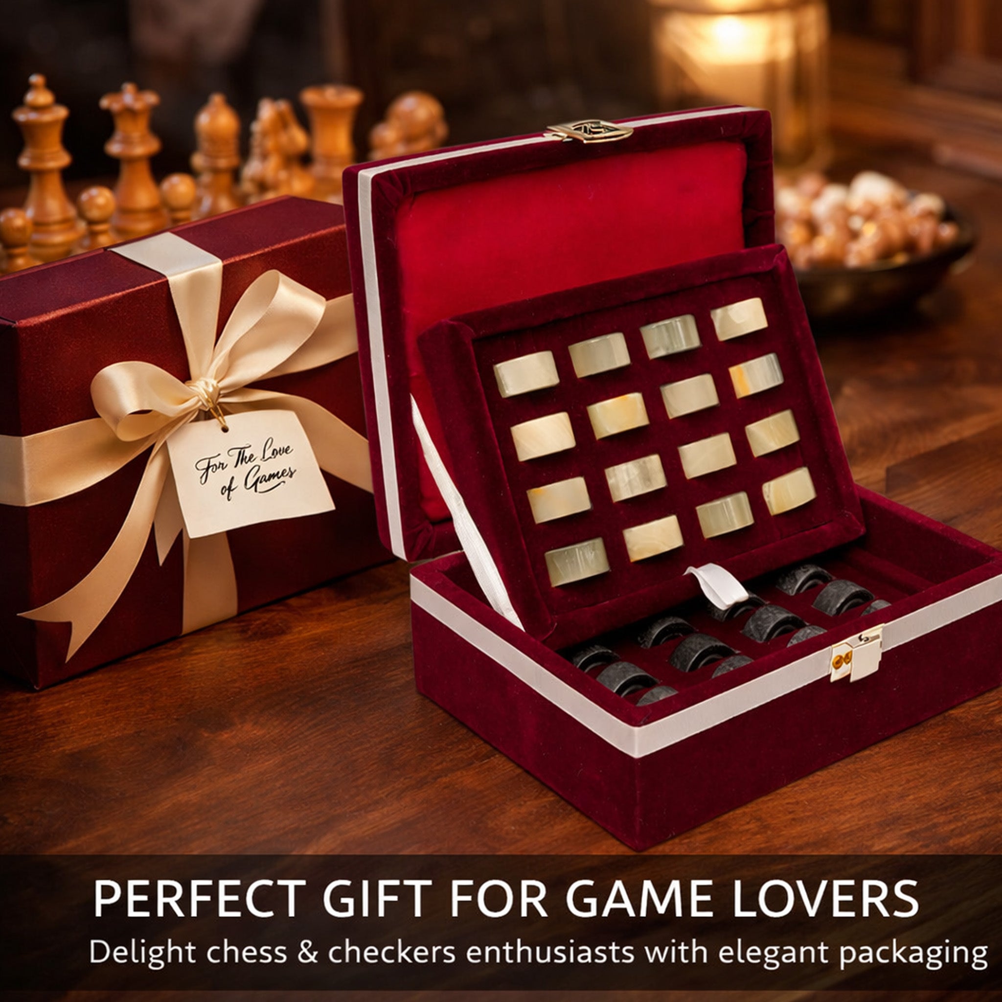 Black Onyx and White Marble Checkers Set - (Luxury 32 Pieces) Box