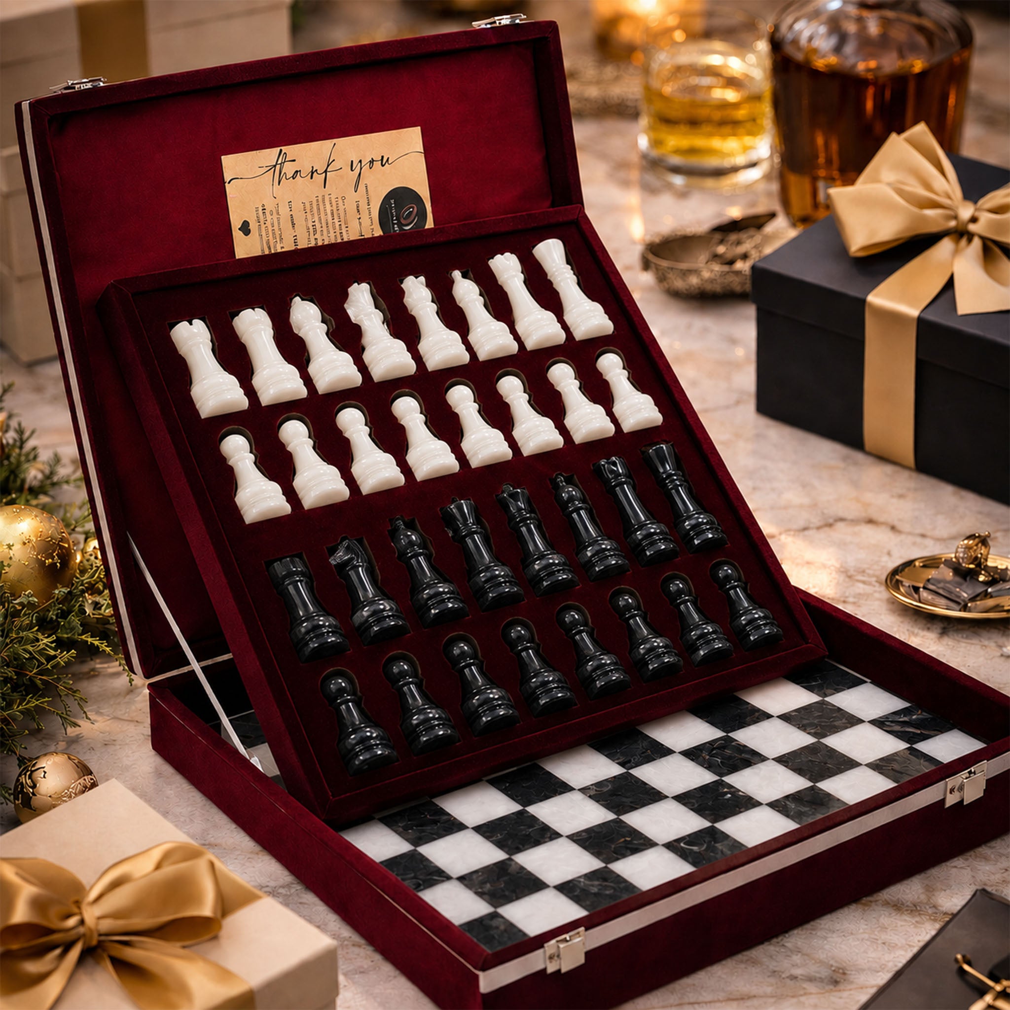 Black & White Marble Chess Set 15 Inches with box