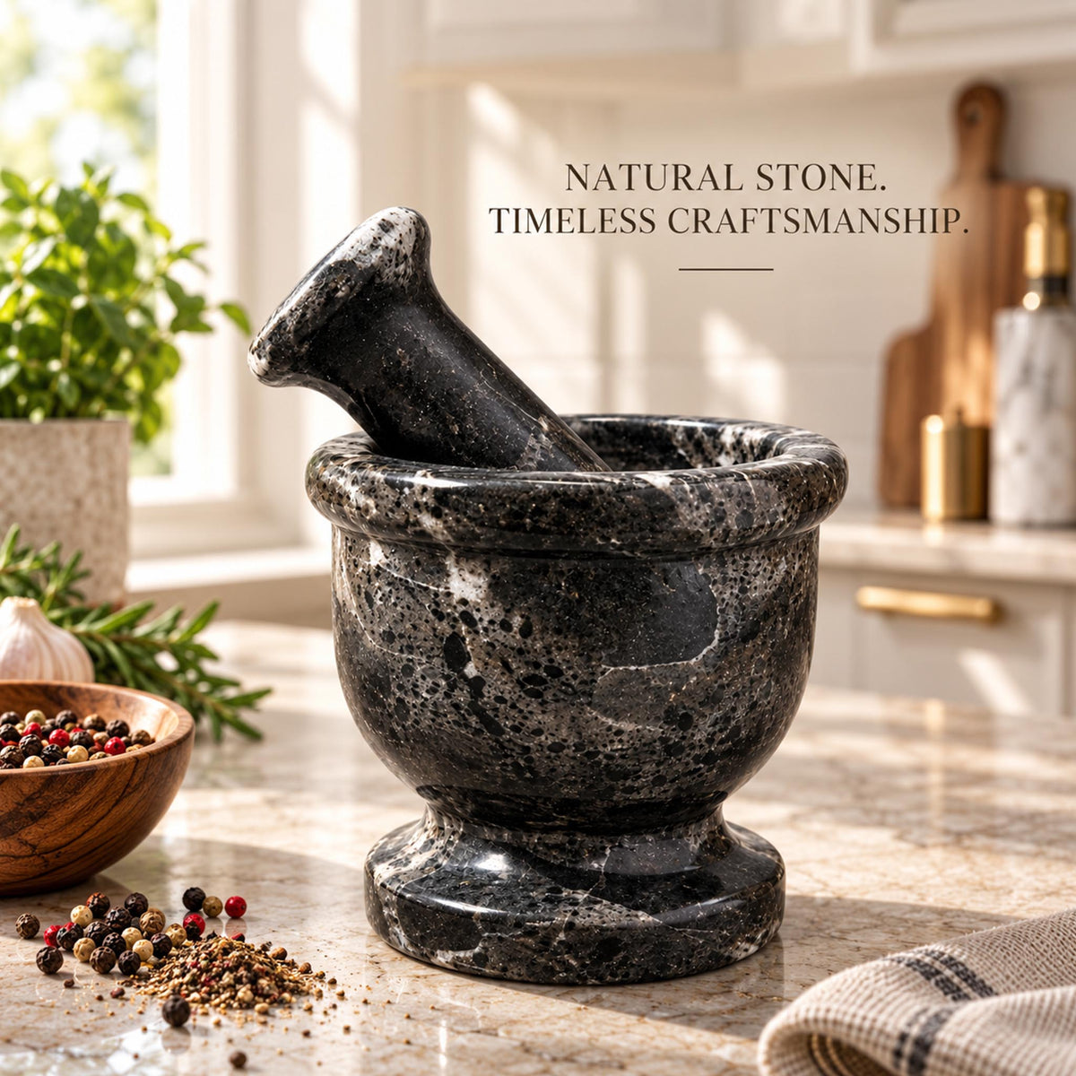 Black Zebra Marble Mortar Pestle Set - 2.5 Inches