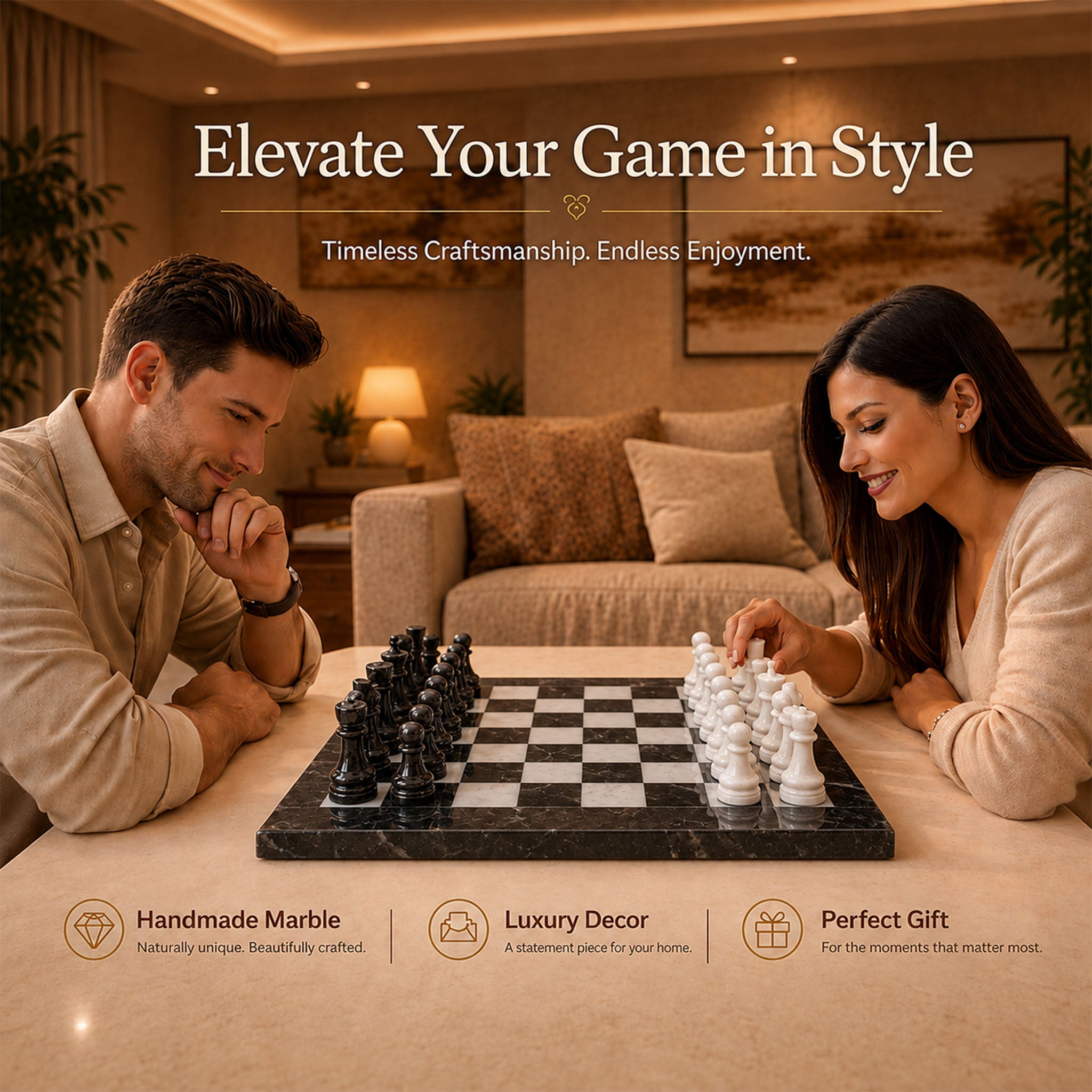 Black White Marble Chess Set 15 Inch