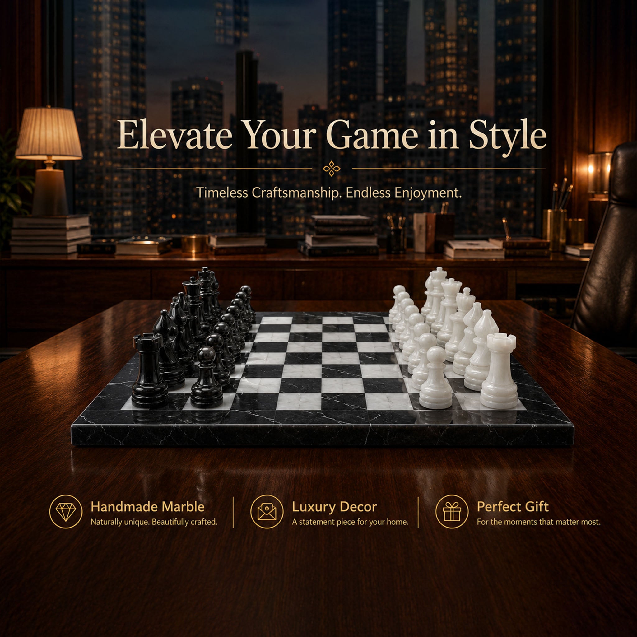 Black White Marble Chess Set 15 Inches
