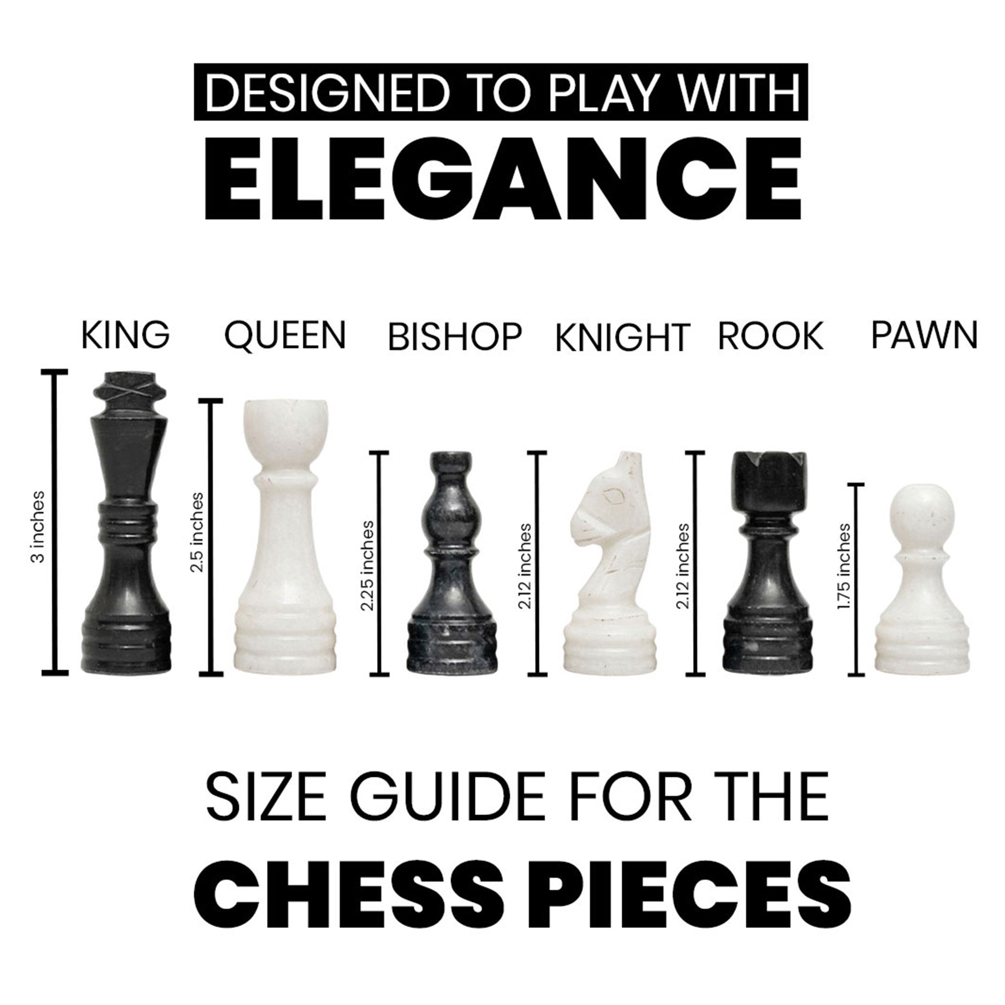 Black and White Chess Pieces for 12 to 16 Inches Board - size guide