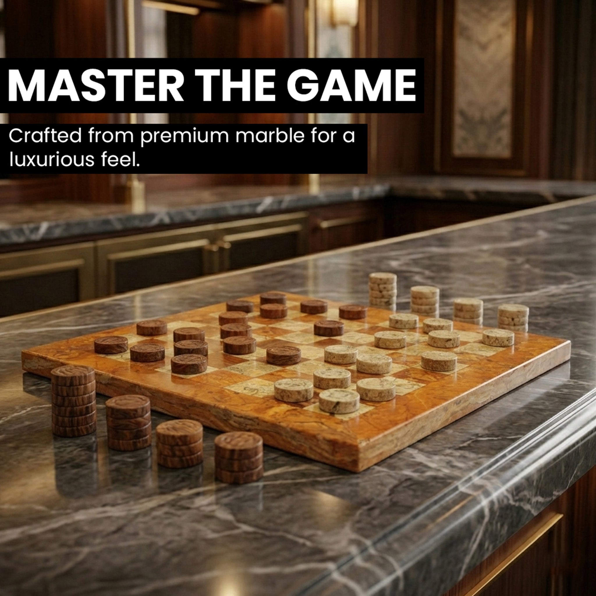 Brown and Coral Marble Checkers Set - Handmade (32 Pieces)