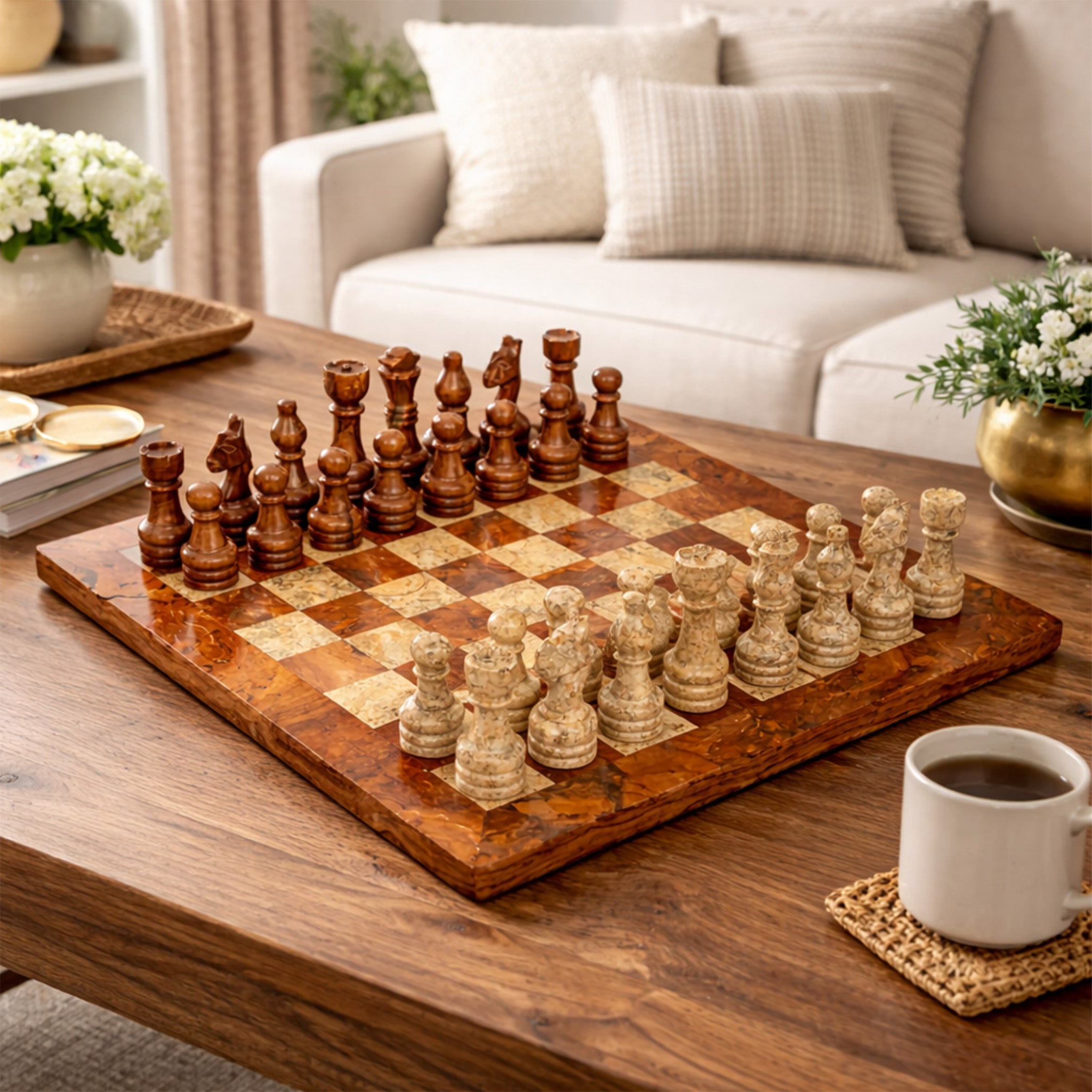 Brown and Coral Marble Chess Set