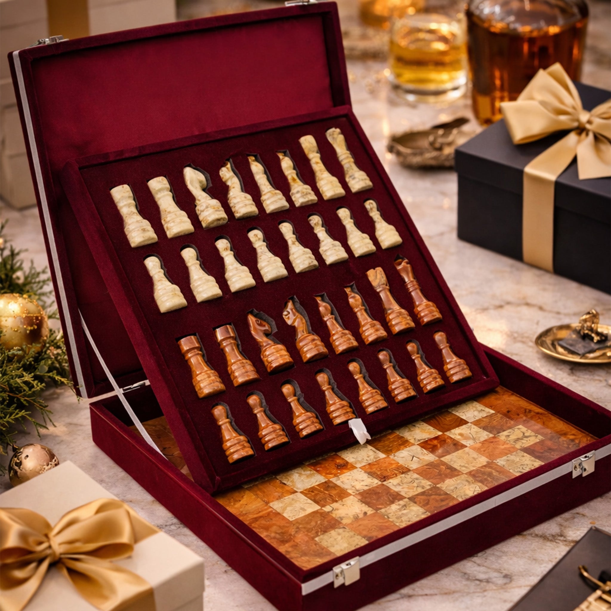 High Quality Brown and Coral Marble Chess Set 15 inches