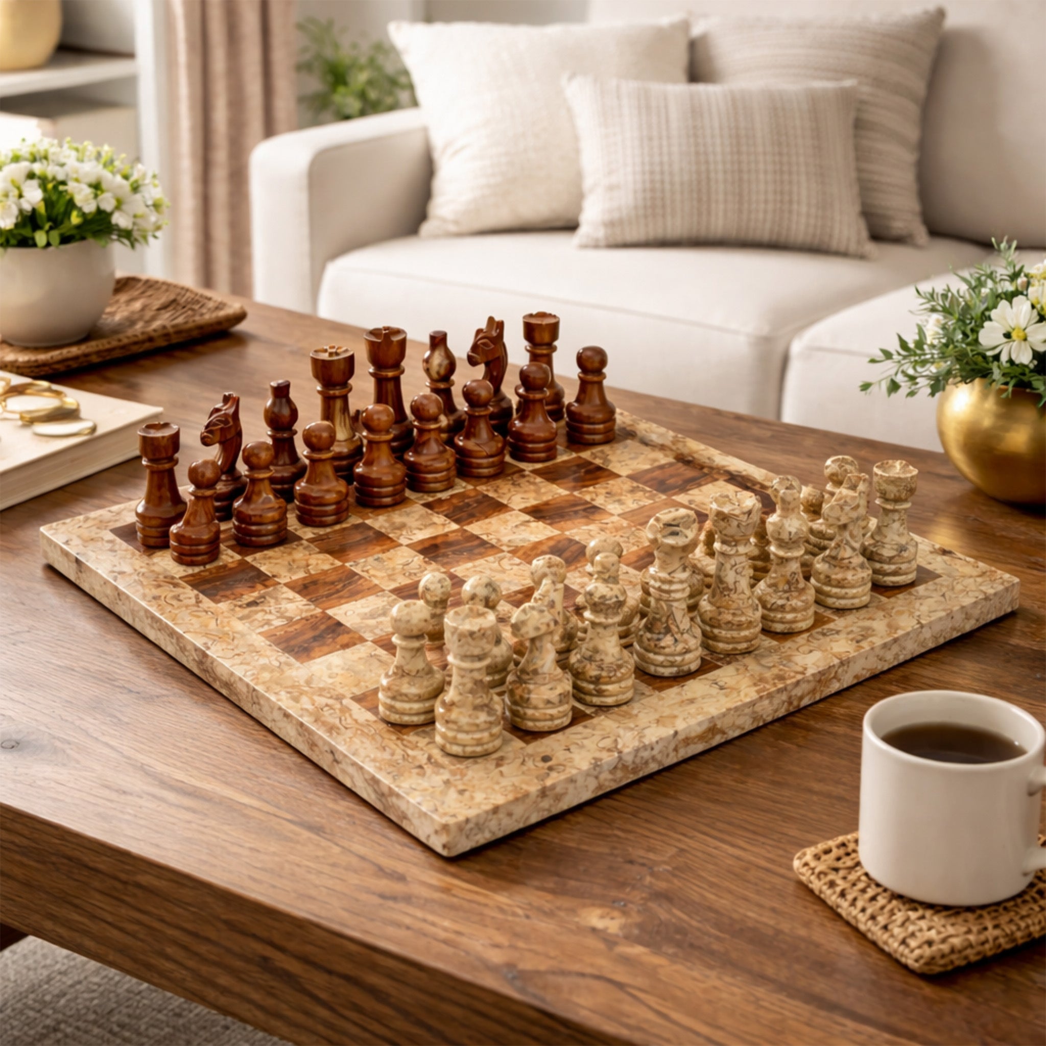 Premium Coral Multi Marble Chess Set 12 Inches
