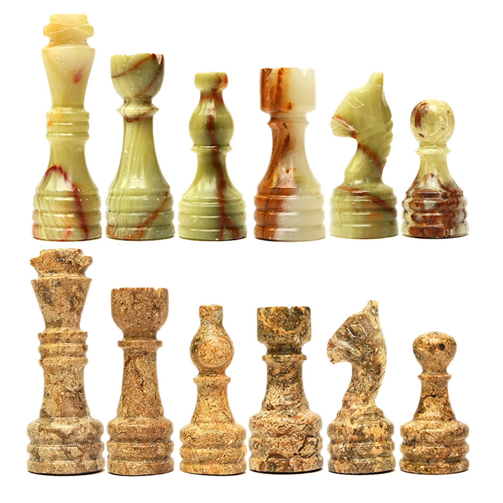 Coral and Green Onyx Chess Pieces for 12 to 16 Inches Board
