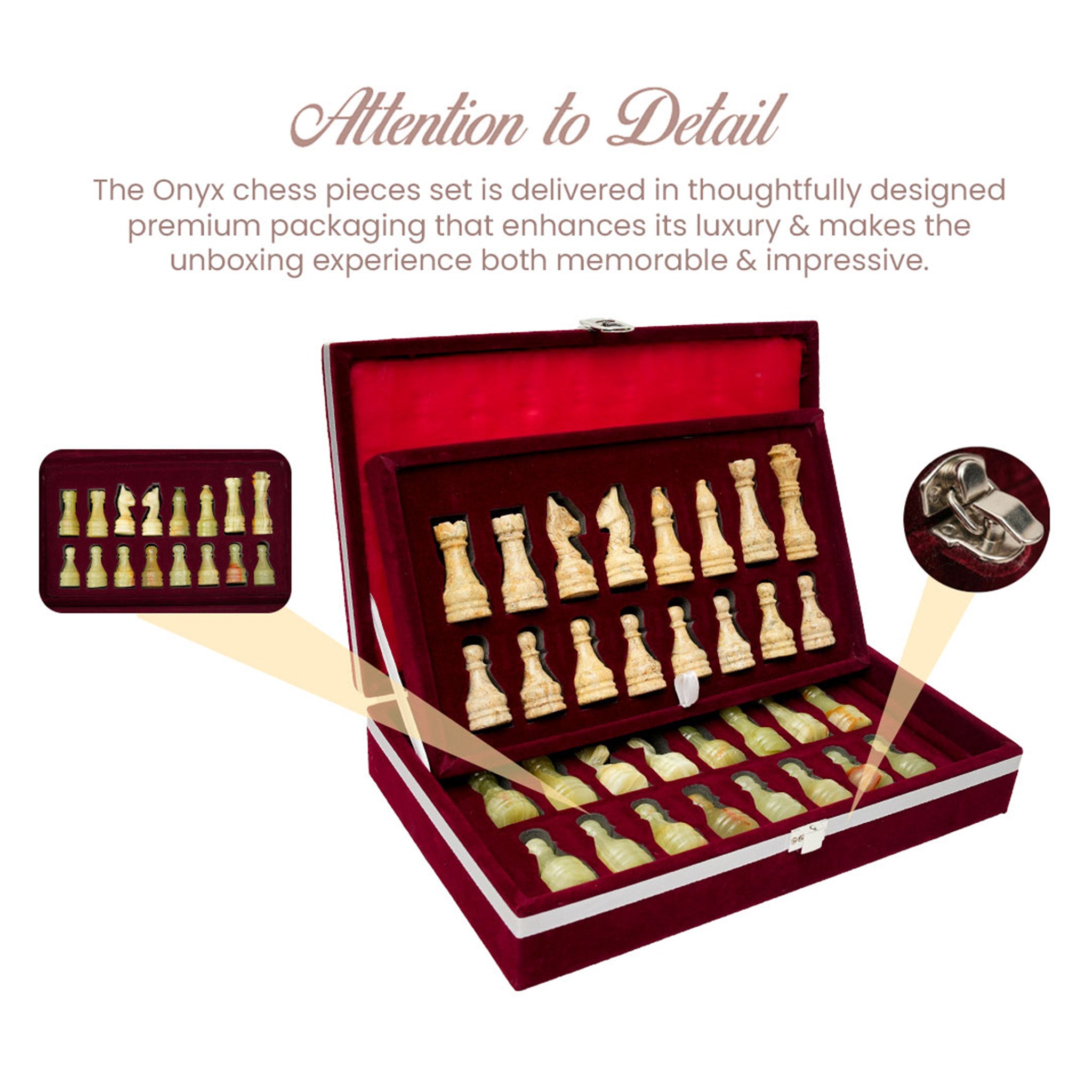 Coral and Green Onyx Chess Pieces for 12 to 16 Inches Board - Details