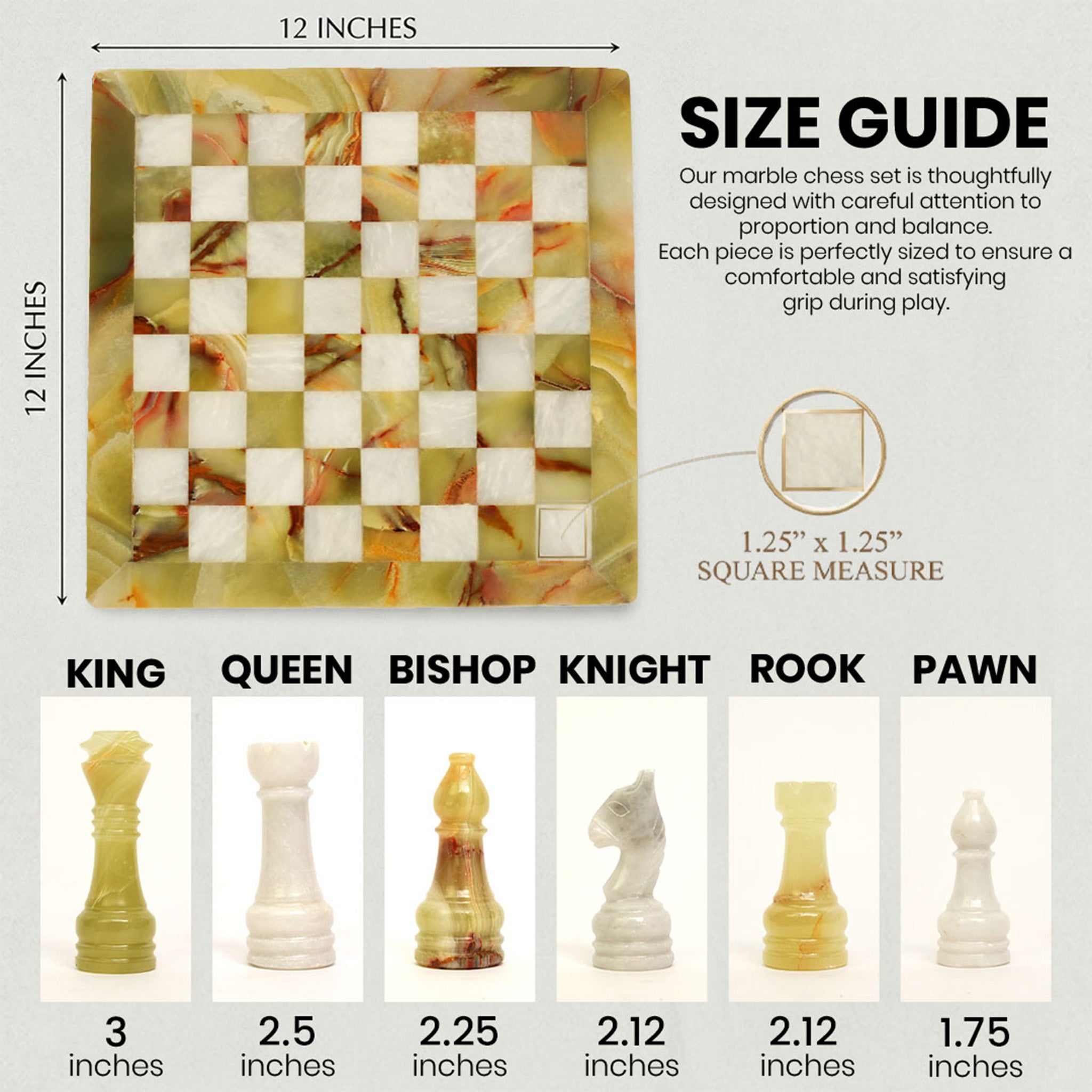 Green Onyx and White Marble Chess Set 12 Inches