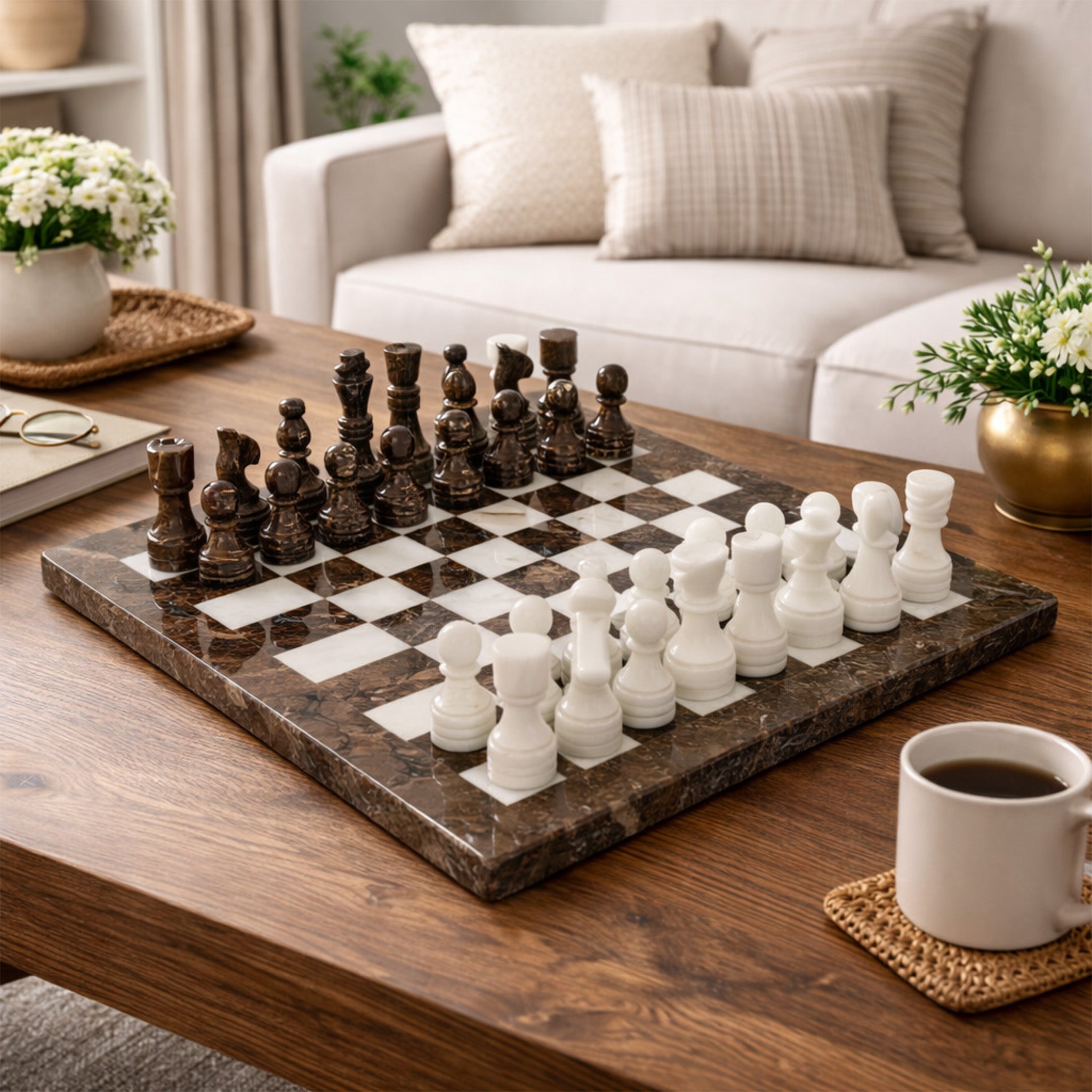 Premium Grey Oceanic and White Marble Chess Set 12 Inches