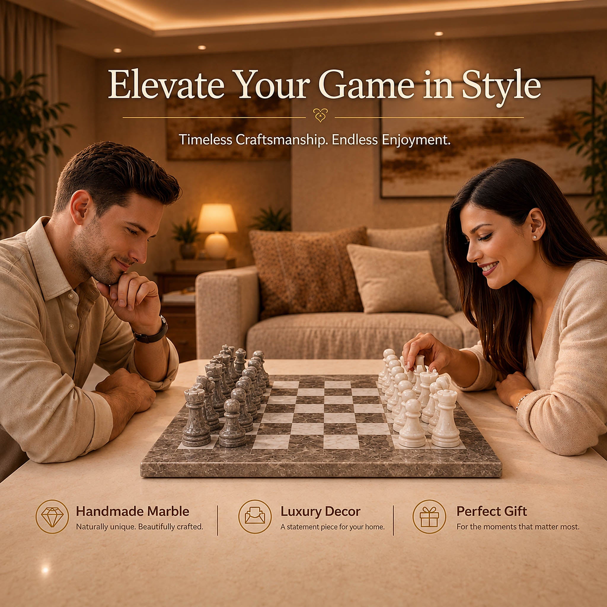 Grey Oceanic and White Marble Chess Set - 15 Inch Natural Stone