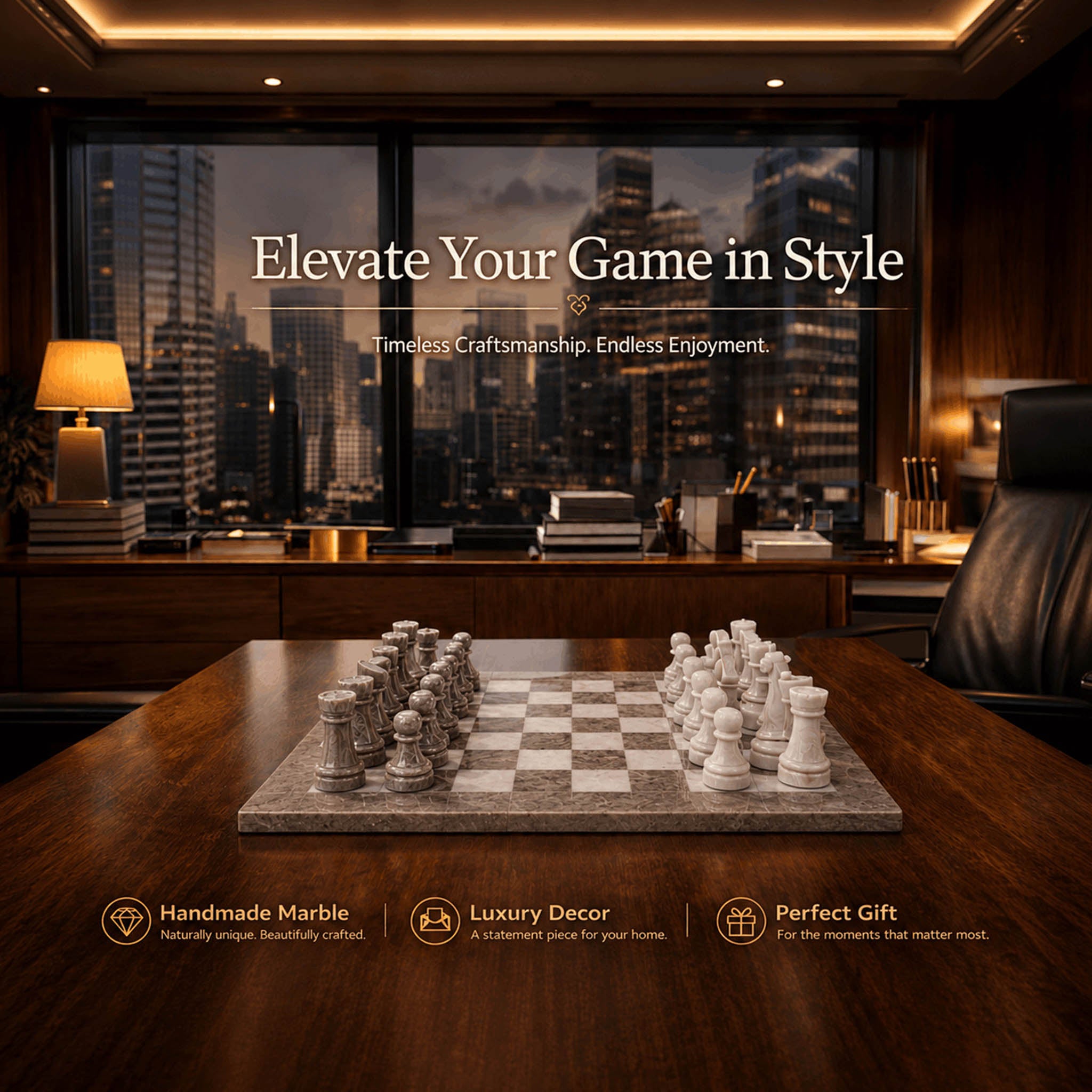 Grey Oceanic and White Marble Chess Set - 15 Inches