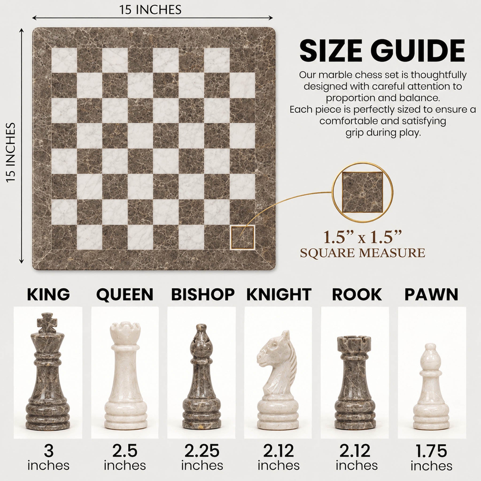 Grey Oceanic and White Marble Chess Set - 15 Inches - size guide