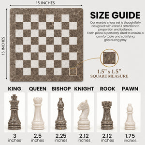 Grey Oceanic and White Marble Chess Set - 15 Inches - size guide