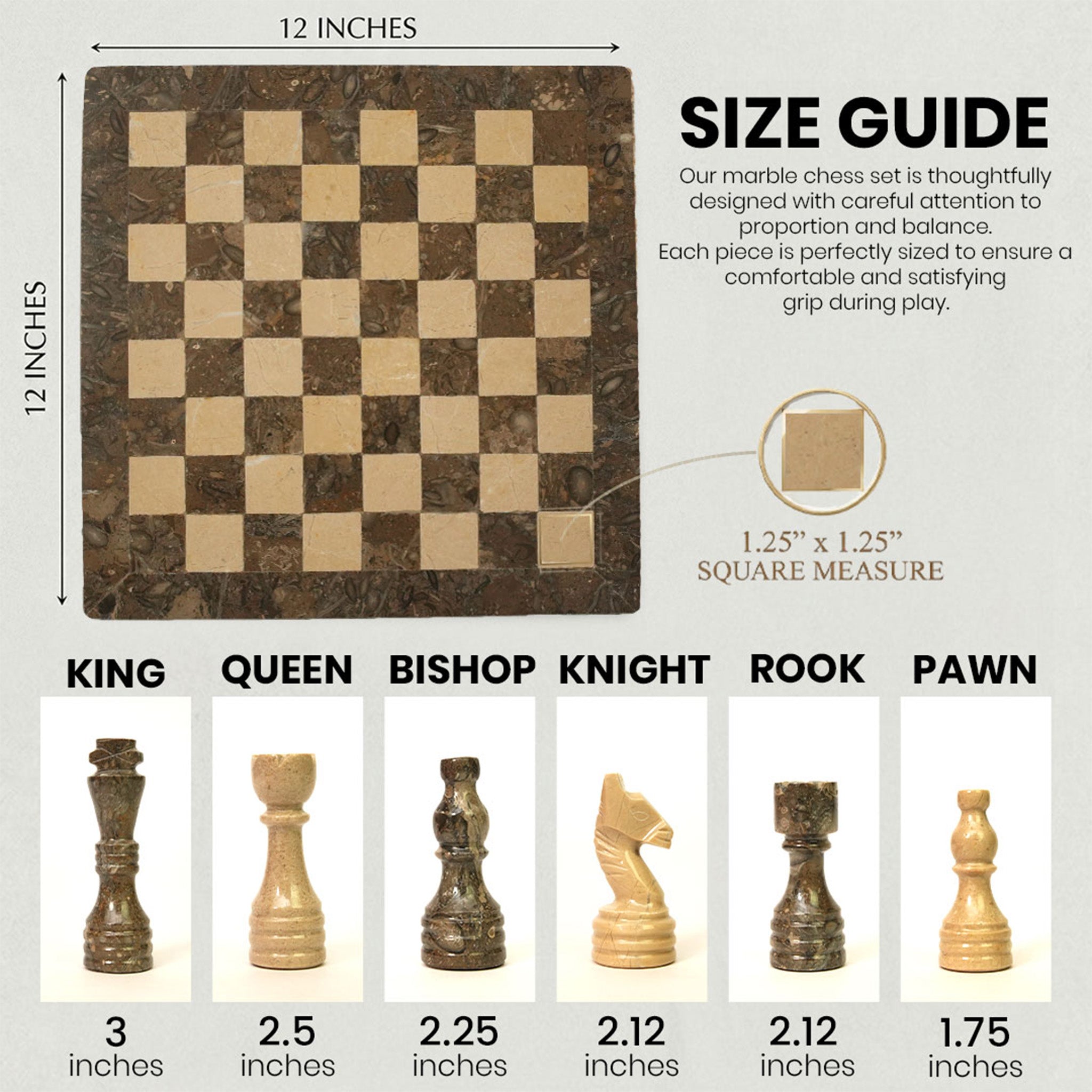 Grey and Verona Marble Chess Set 12 Inch