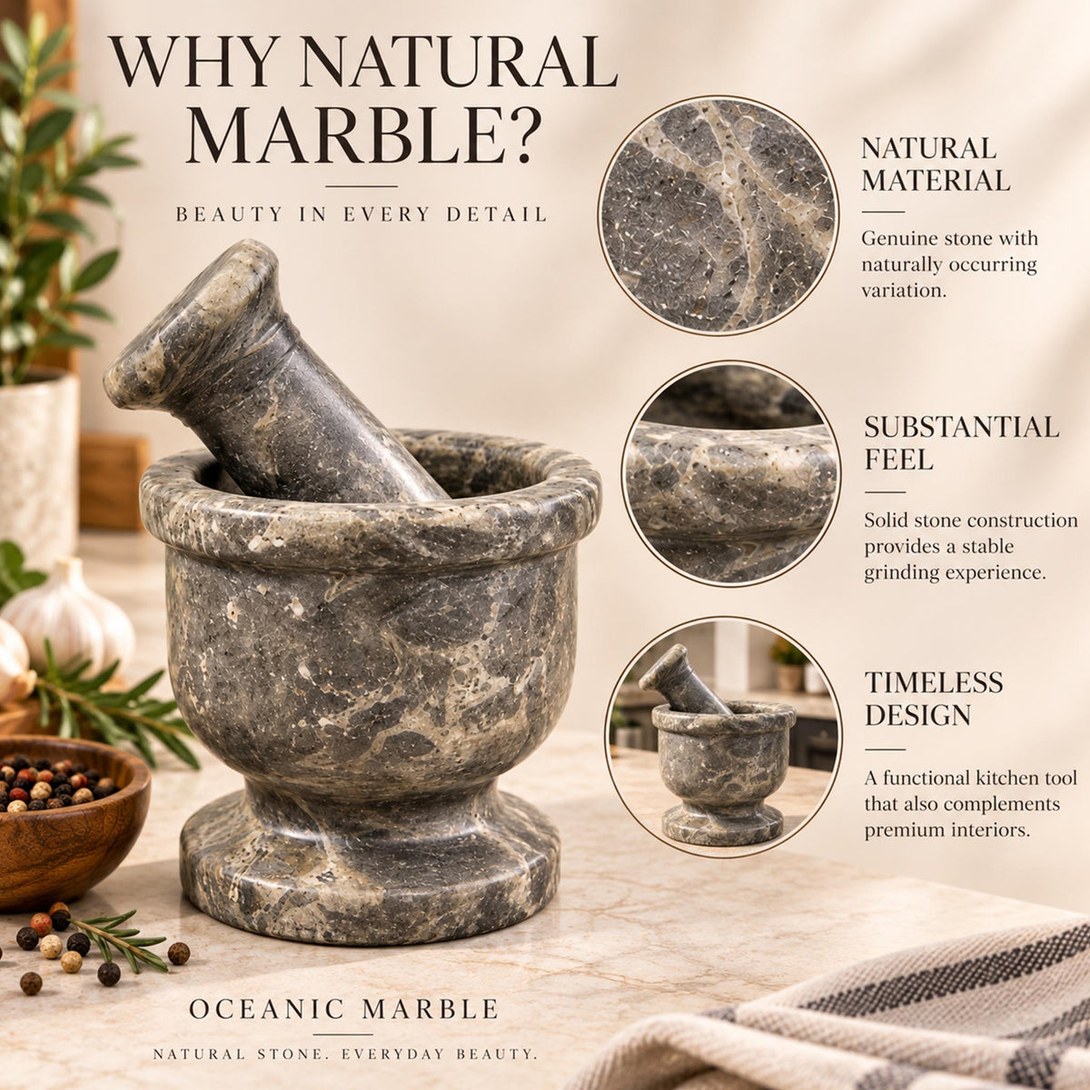 Grey Marble Mortar and Pestle Set 2.5 Inch
