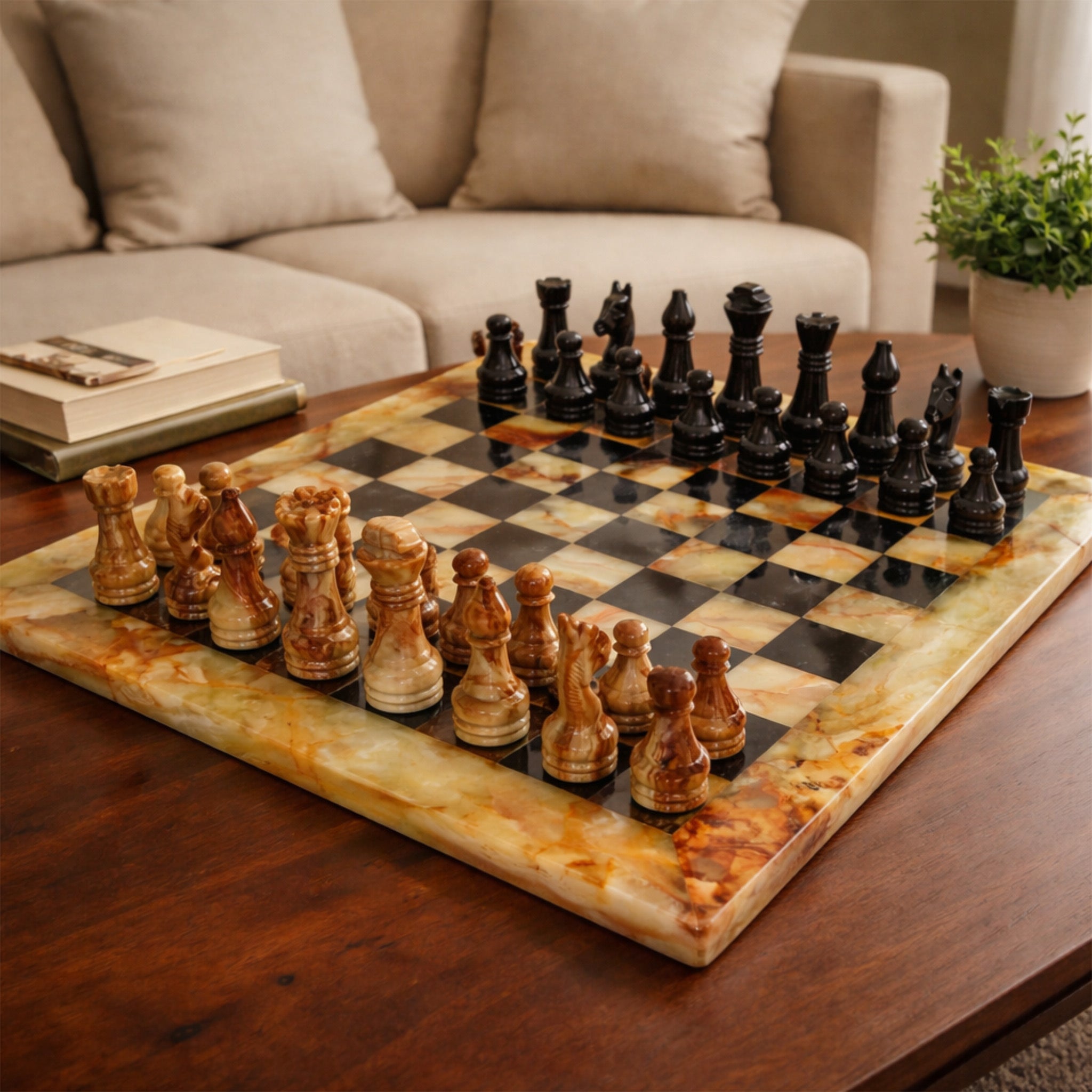 Premium Green Onyx and Black Marble Chess Set 12 Inches