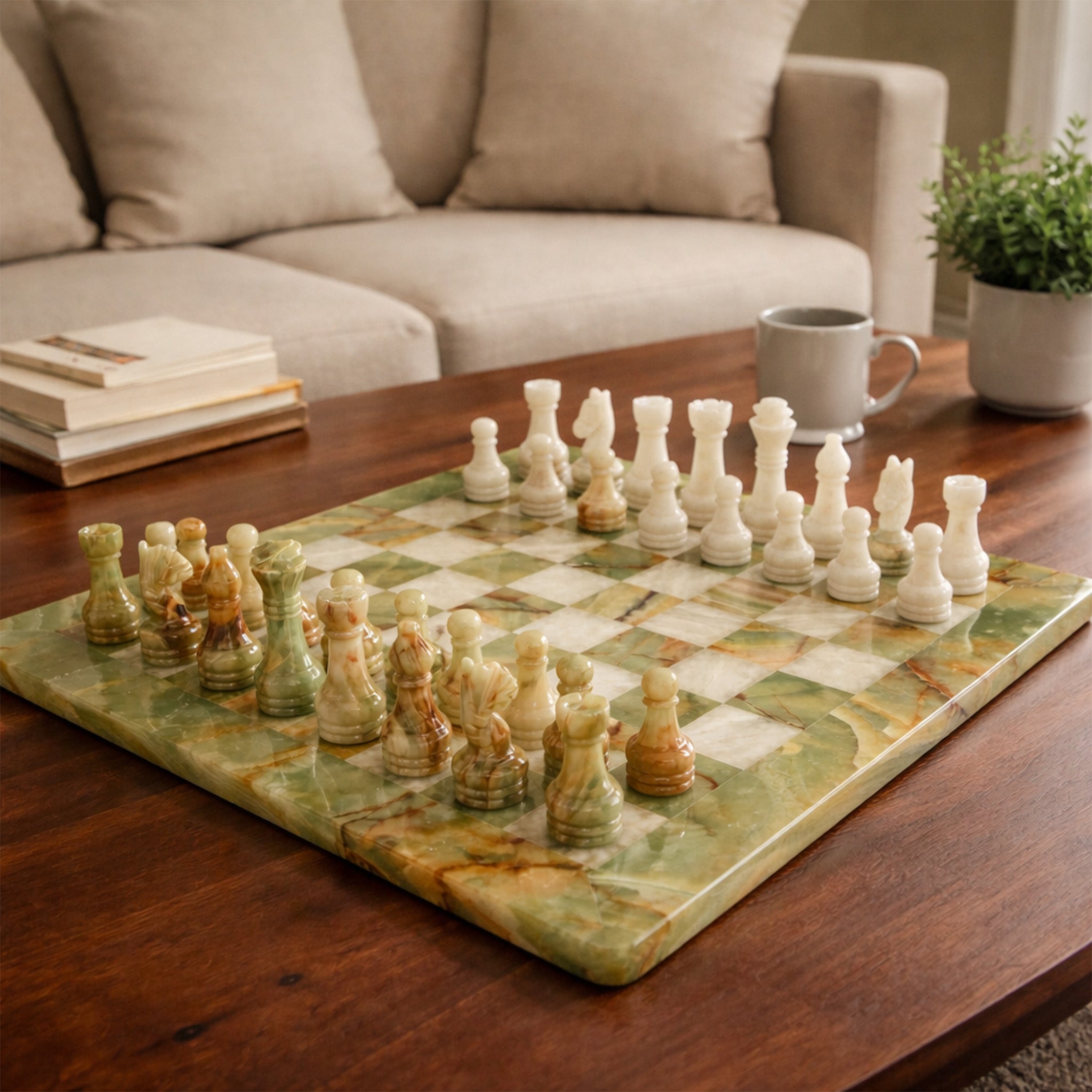Premium Green Onyx and White Marble Chess Set 12 Inches