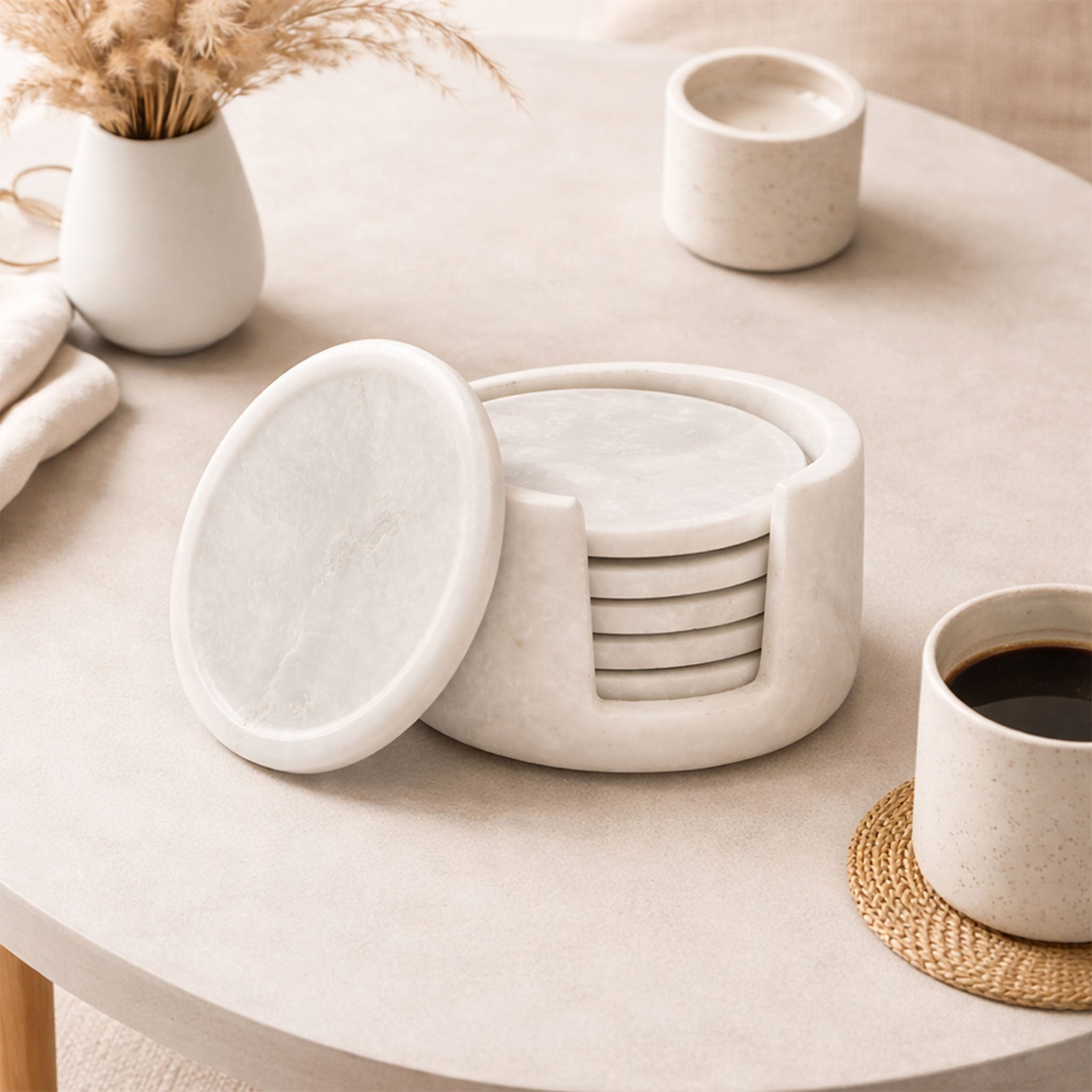 White Round Marble Coaster (Set of 6)