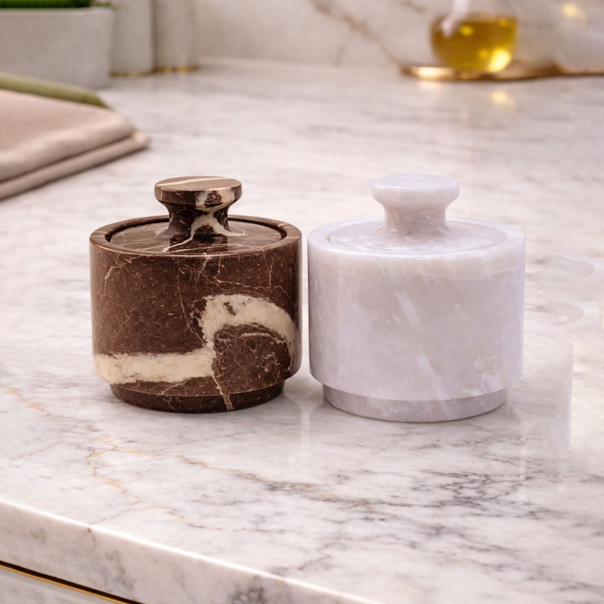 White and Red Marble Salt Cellar with Lid – 2 Pack Set
