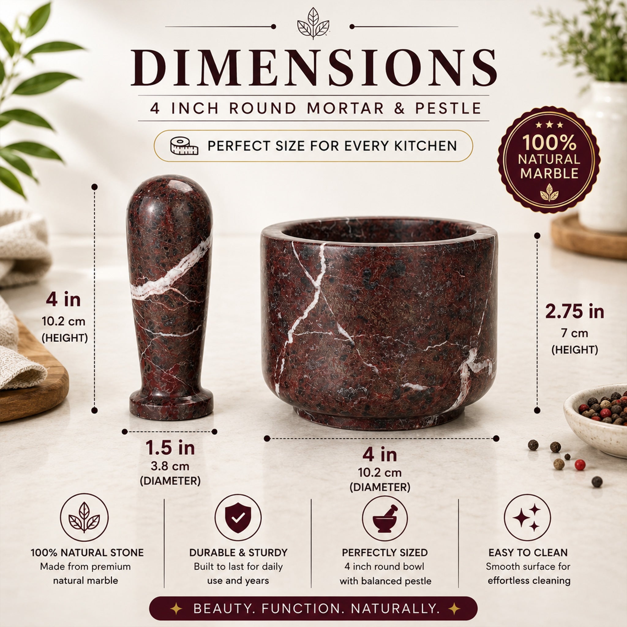 Red Zebra Mortar And Pestle (4 inch) - Dimensions