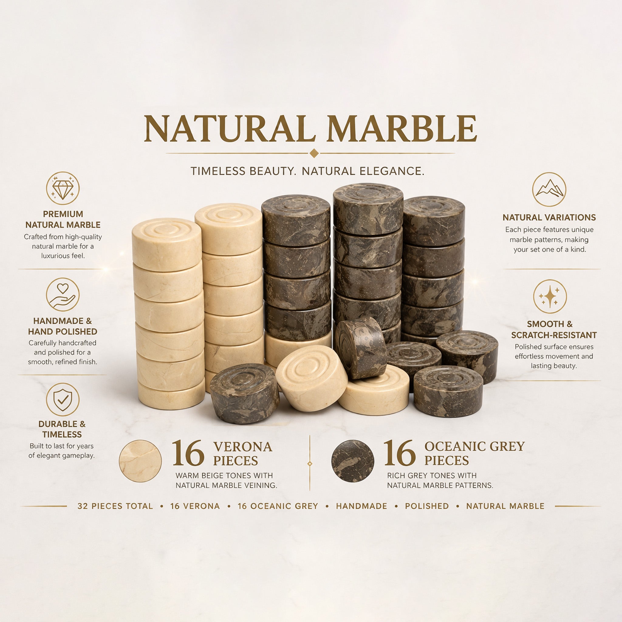 Verona and Oceanic Grey Marble Checkers Set