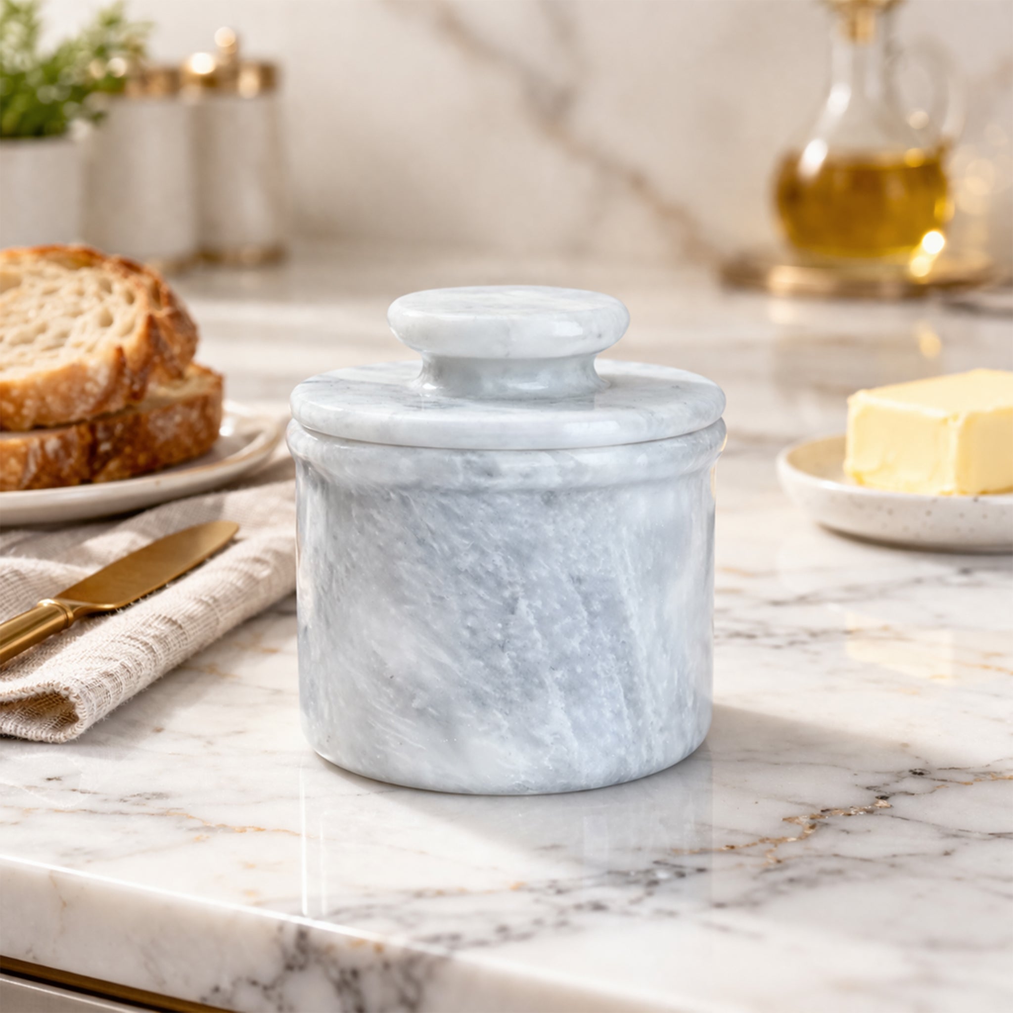 Premium White Marble Butter Keeper with Lid - French Butter Crock