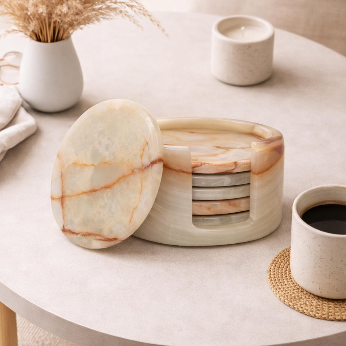 White Onyx Round Marble Coaster - Set of 6