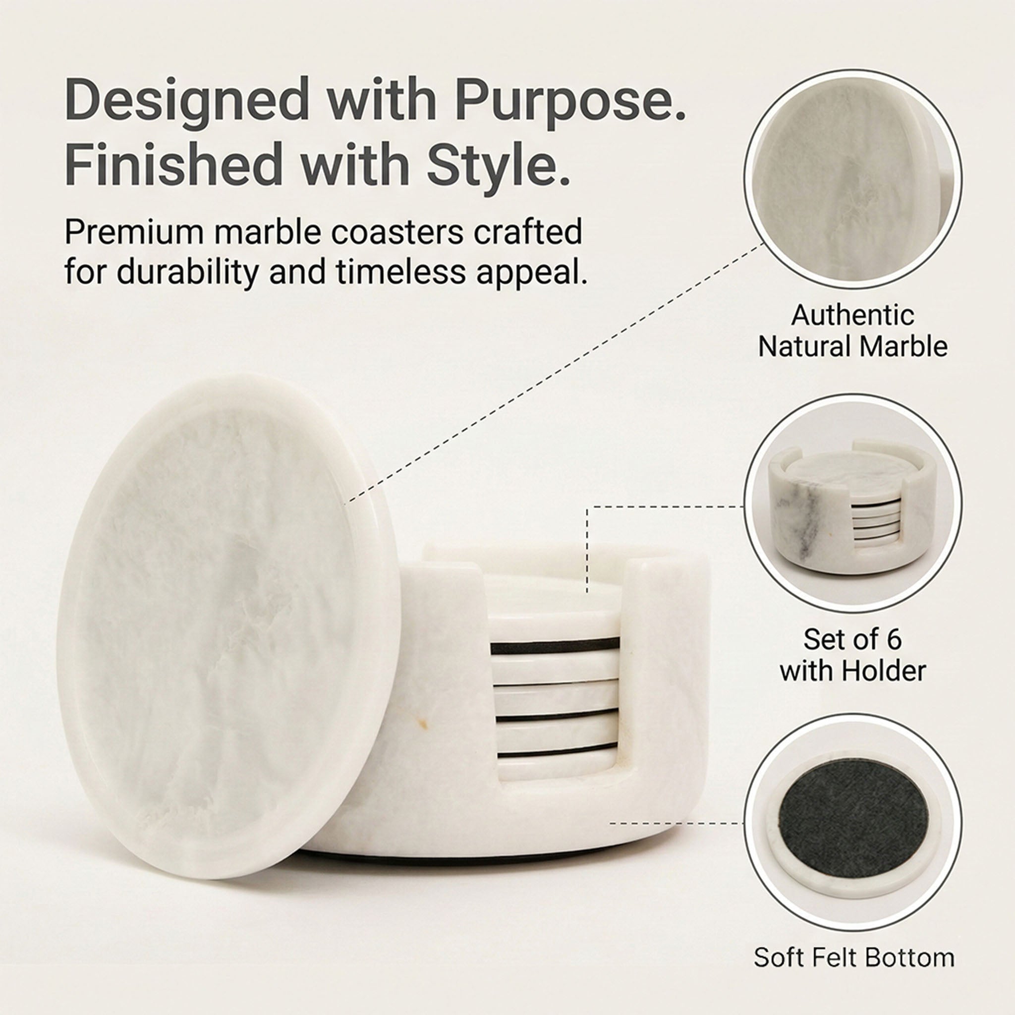 White Round Marble Coaster - Premium (Set of 6) 