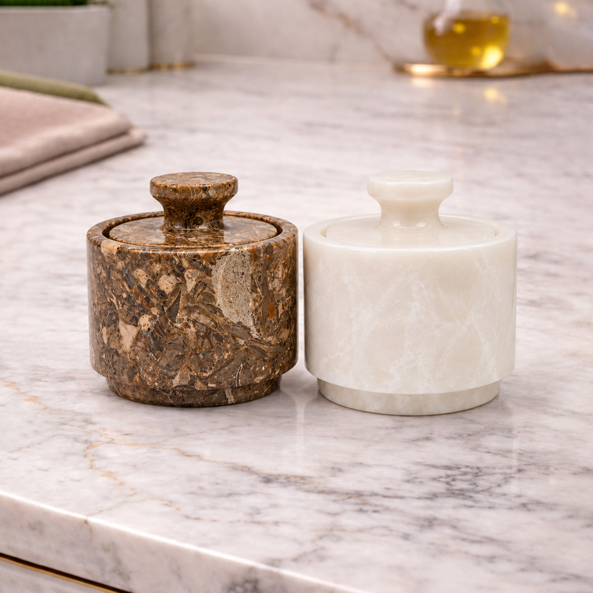 White and Grey Oceanic Marble Salt Cellar with Lid 