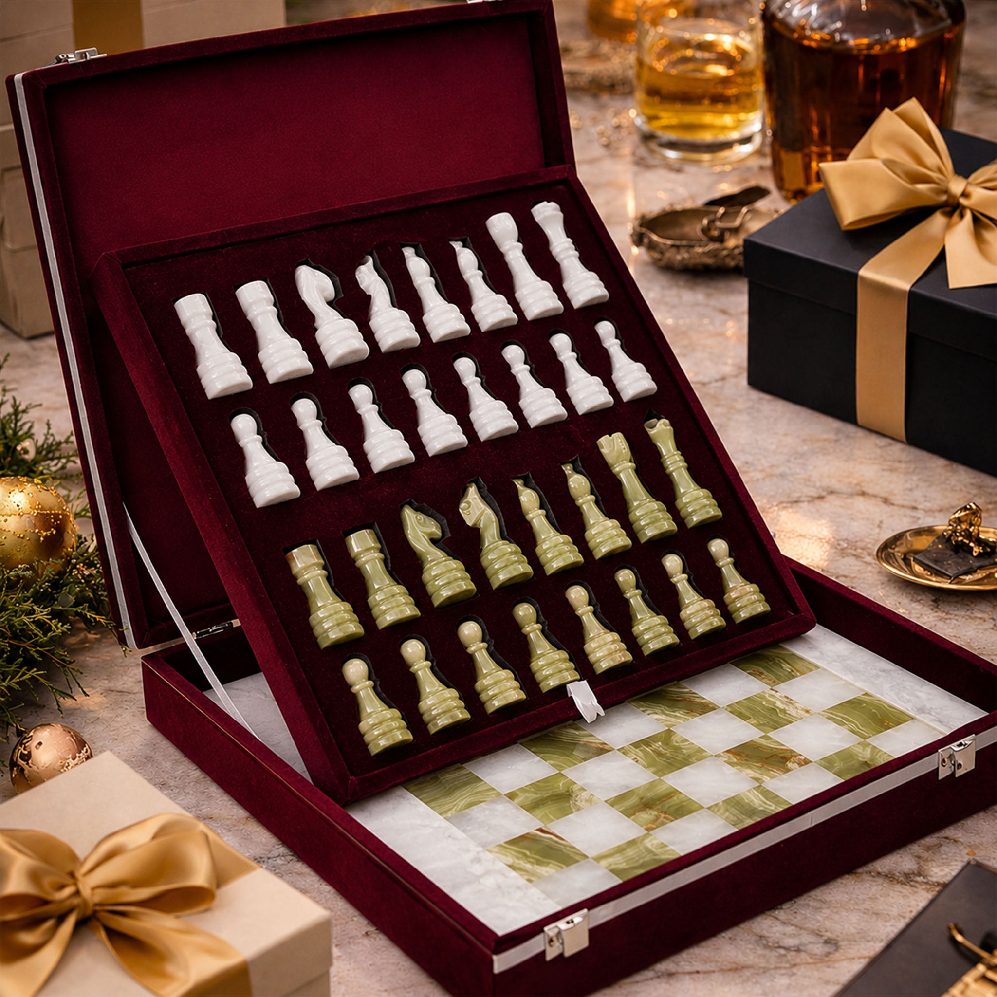 White and Green Onyx Marble Chess Set