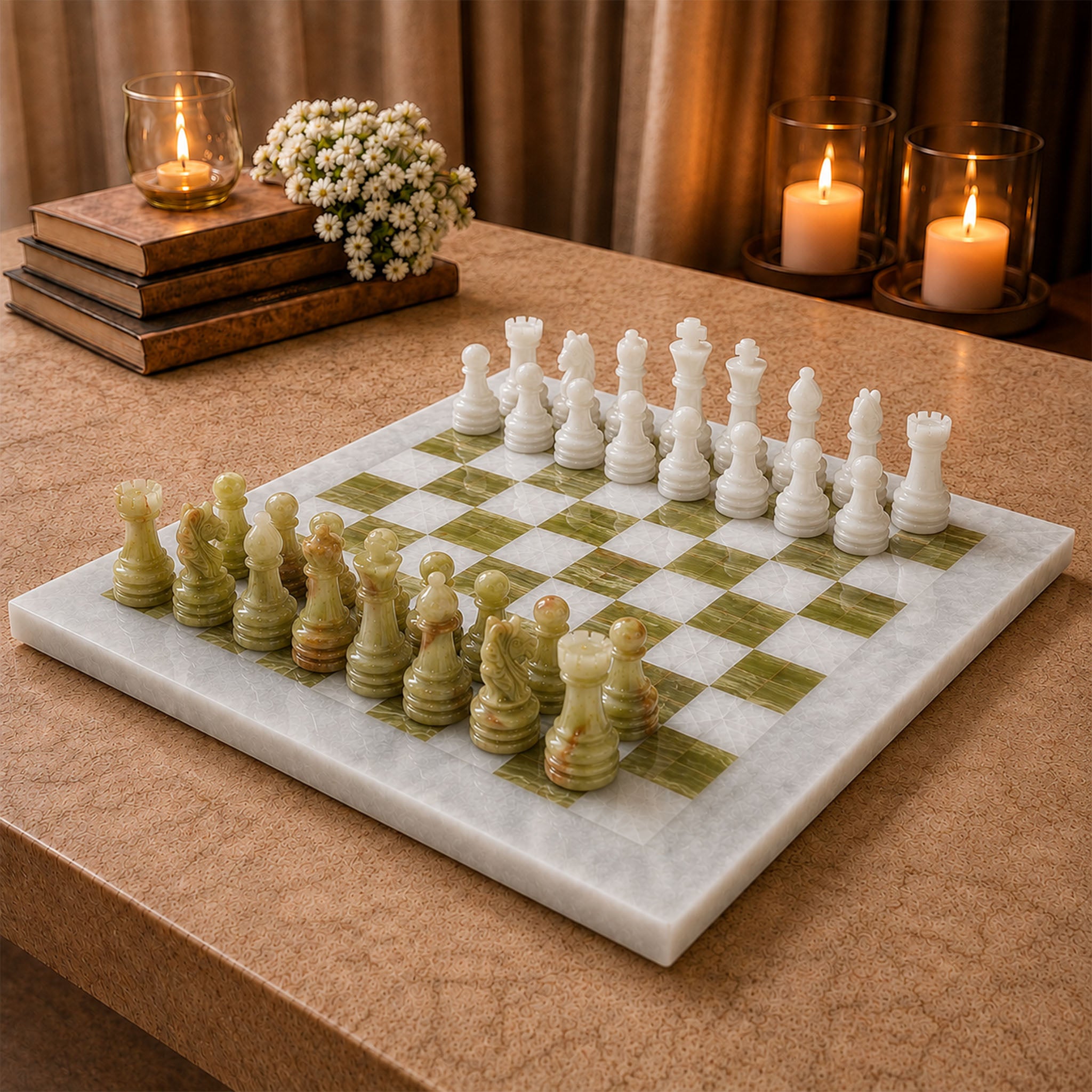 White Green Onyx Marble Chess Set 15 Inch